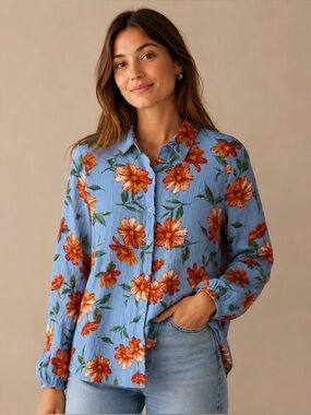 A Love Story Floral Cotton Gauze Button Up Blouse Blue Medium Boho